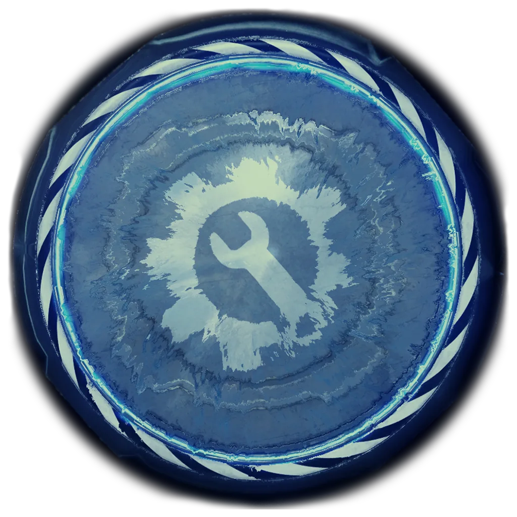 The Holy Repair Pad: a circular blue platform with a glowing white wrench at its center, ringed with blue and white hazard stripes.
